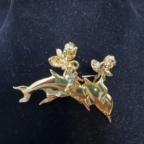 Kirks Folly Gold Tone Cherubs Riding Dolphins Brooch (4178) - Picture 4 of 6
